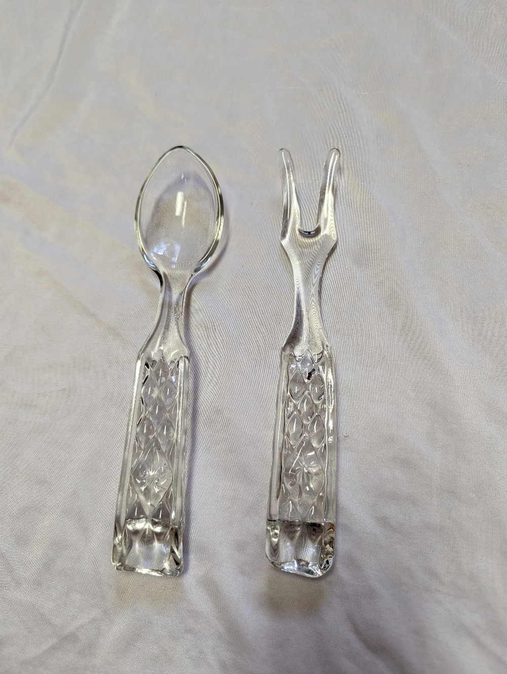 Anchor Hocking Wexford MCM Diamond Point Glass Serving Spoon & Fork Set 10" READ